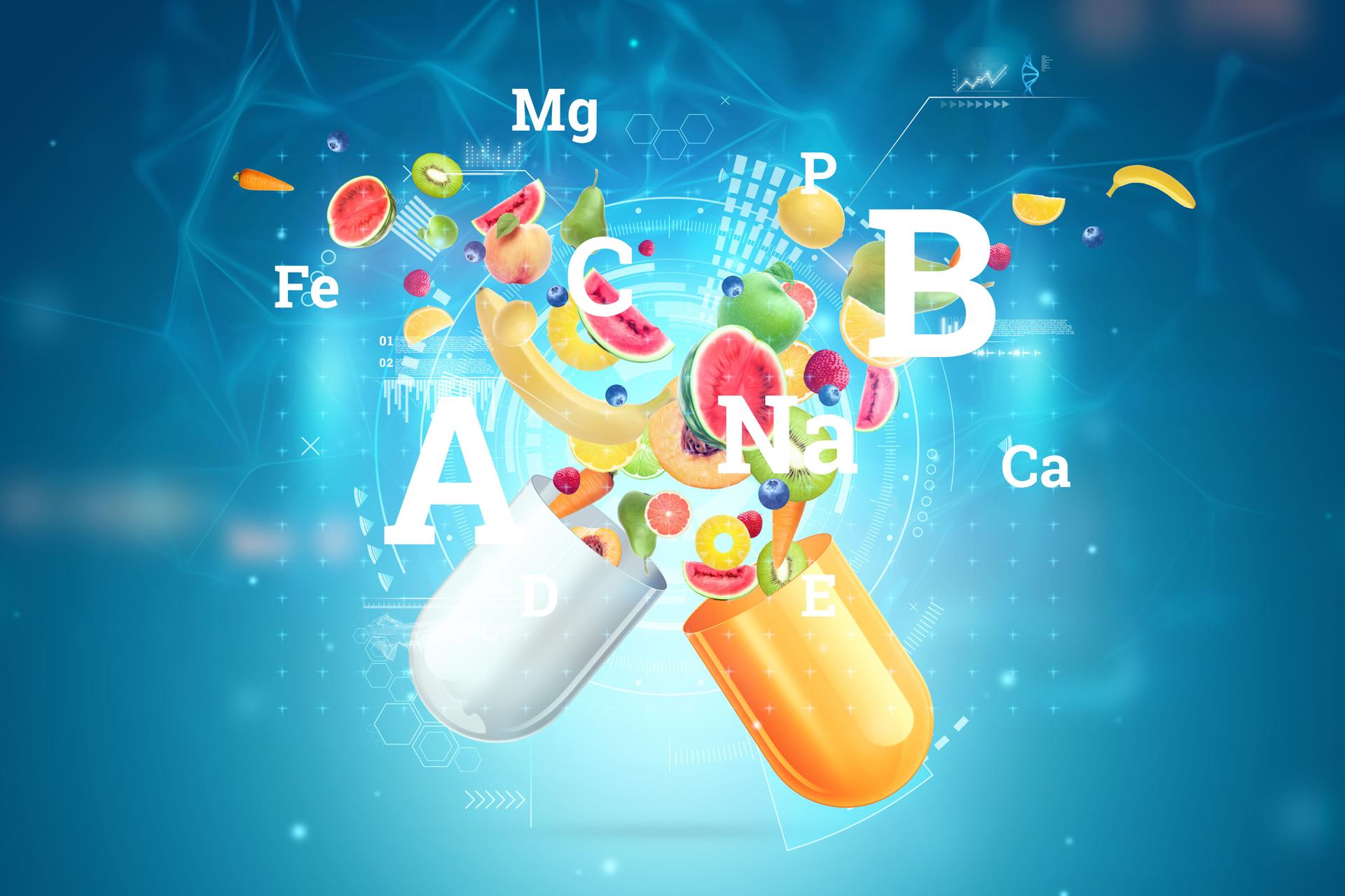 Fruit and vitamins, nutritional supplements in the form of medicinal capsules fly out directly and capsules. Correct diet, diet, alternative medicine, vitamins. 3D illustration, 3D render.